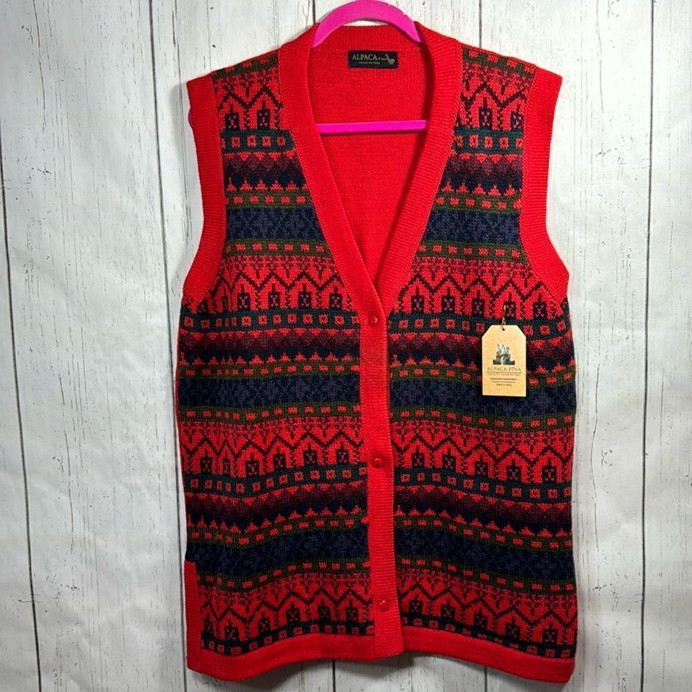Alpaca Fina Peruvian Alpaca Knit Sweater Vest Red Geometric NWT Winter Cozy Warm